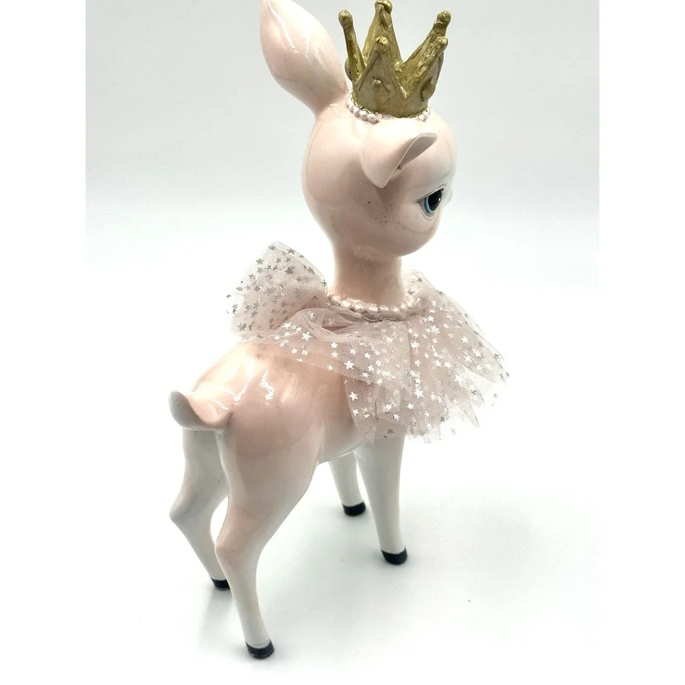 Bella Lux Pink Deer Figurine 10 Inch Crown Tulle Skirt Christmas Decor Princess